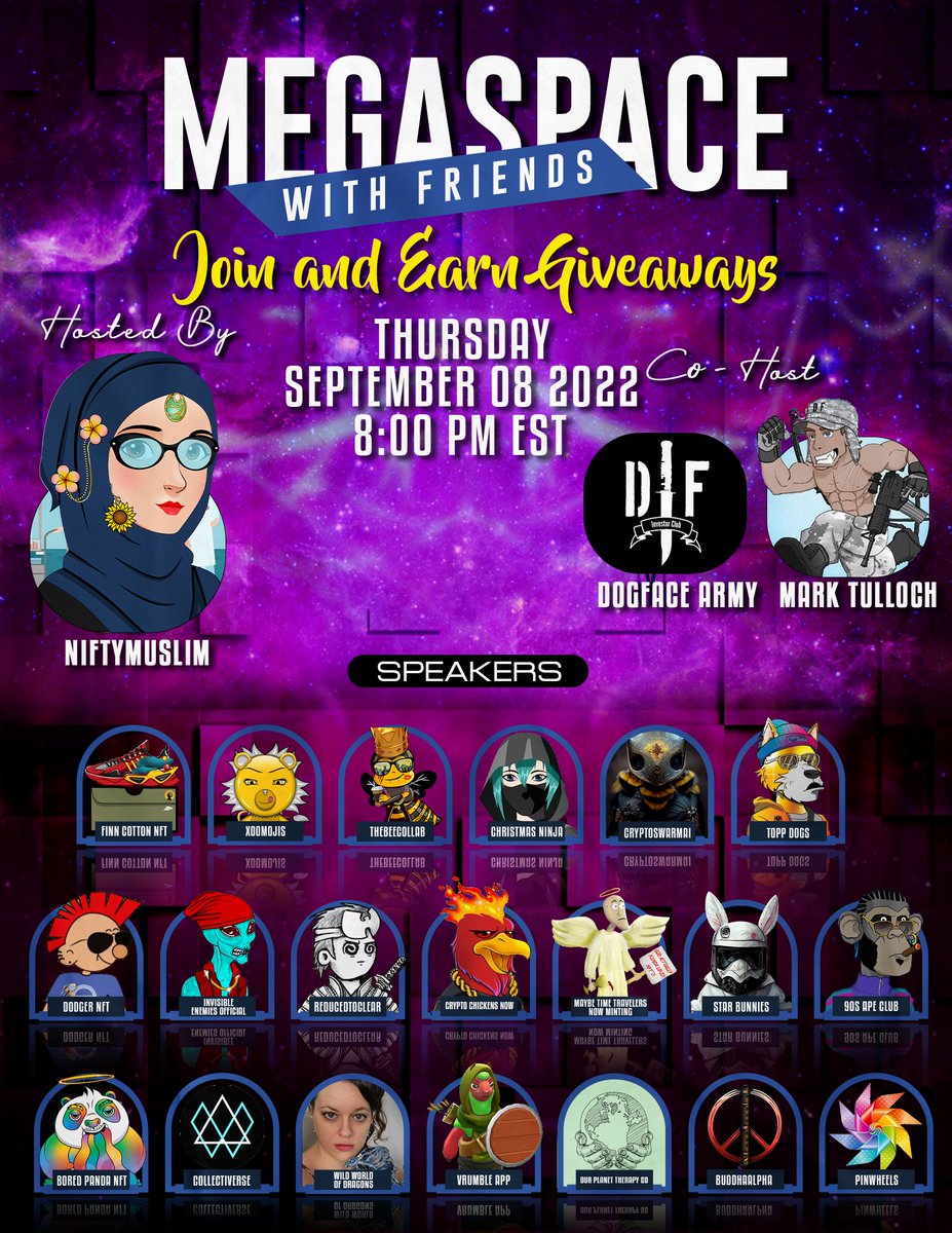 <a href="/fleece/">Stephen Fleece</a> @dogfaceNFT @FinnCottonNFT <a href="/Xoomojis/">Xoomojis | VR Learning</a> @TheBeeCollab <a href="/christmasninja/">Christmas Ninja 🥷MINT A GOLDEN TICKET 🥷 | W3C ✴️</a> @cryptoswarmai @Tom90652919 <a href="/DodgerNft/">Dodger NFT | Since 29 May 2022</a> <a href="/InvisibleEnemie/">Invisible Enemies</a> <a href="/reducedtoclear_/">𝙍𝙏𝘾</a> <a href="/Baumaister1/">Baumaister</a> <a href="/BuddhaAlpha432/">Buddha Alpha Healing Sounds 🪐</a> 

🎙️Learn &amp; Earn #Giveways with 20 projects and friends 

📢Be in the space: x.com/i/spaces/1mnxe…