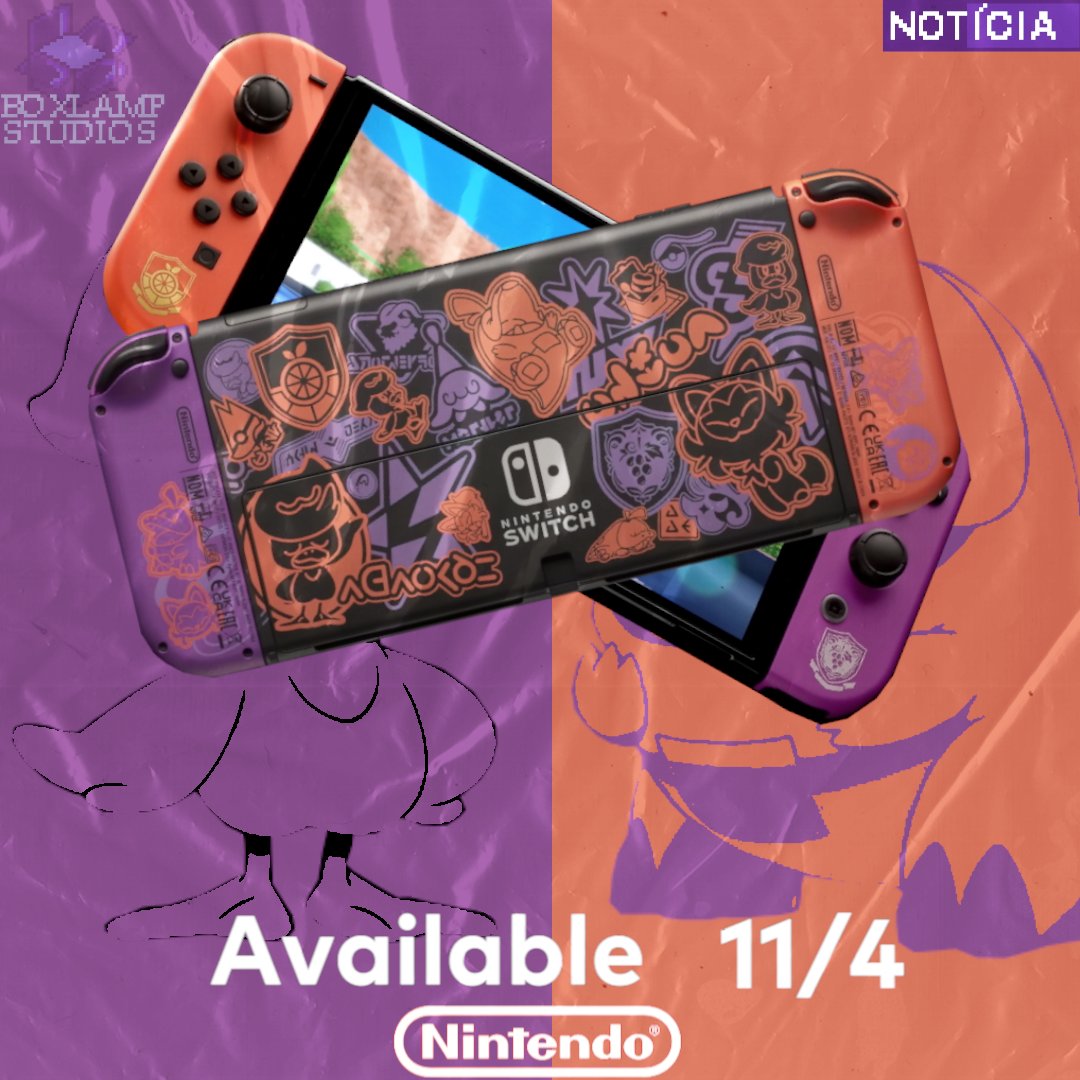 BoxlampStudios's tweet photo. O Nintendo Switch OLED terá uma edição temática de Pokémon Scarlet &amp; Violet, o console será Inspirado nos games da nova geração de Pokémon. A data oficial de lançamento da nova edição é no dia 4 de novembro.

Confira o trailer especial da nova edição: https://t.co/5B7T0cv6Ao https://t.co/2LYZkscSRj