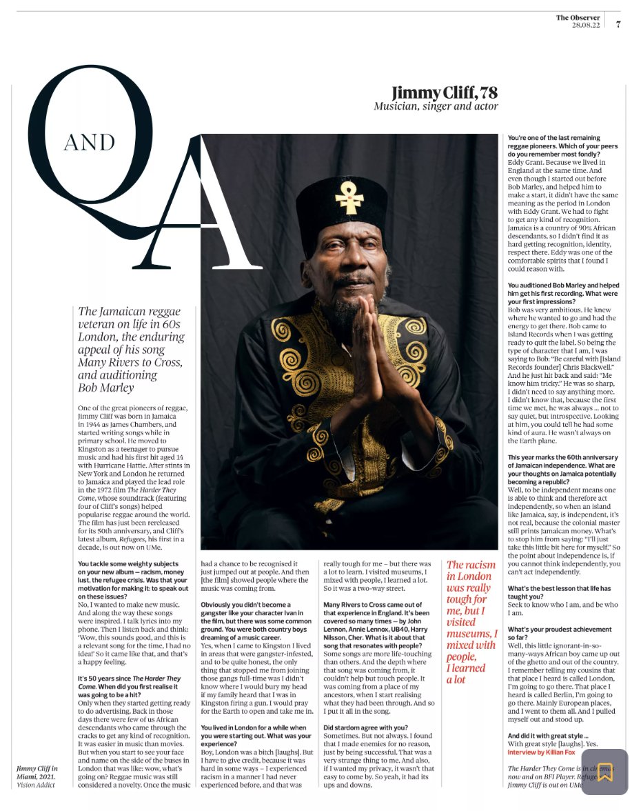 Jimmy Cliff Official (@jimmycliff) on Twitter photo Jimmy Cliff shares with the <a href="/ObserverUK/">The Observer</a> the best lesson that life has taught him: "Seek to know who I am, and be who I am."
Read more in this month's edition of the paper. Jimmy Cliff shares with the <a href="/ObserverUK/">The Observer</a> the best lesson that life has taught him: "Seek to know who I am, and be who I am."
Read more in this month's edition of the paper.