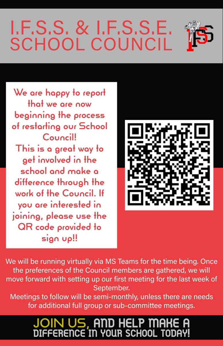 Join School Council Today!!  This group is open to all staff, students, and parents/guardians of the IFSS and IFSSE community!

Scan the QR code, or click on the link below to start making a difference in your school today!

docs.google.com/document/d/1v8…