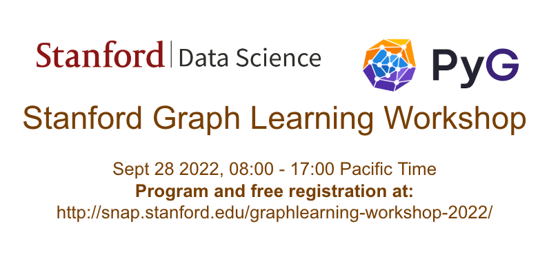 Excited to announce 2nd Stanford Graph Learning Workshop on Wed Sept 28th with leaders from academia and industry to showcase recent advances of Graph Representation Learning across a wide range of applications. Program &amp; free registration: snap.stanford.edu/graphlearning-…