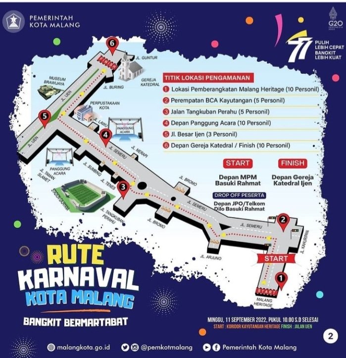 infomalang's tweet photo. Karnaval Malang, 11 September 2022. Sebagian Kayutangan, seluruh jl Semeru dan sebagian jl Ijen ditutup mulai jam 10.00 WIB.

Hari itu juga @IjenCarFreeDay bakal di-relaunching alias onok maneh. https://t.co/PjbGY1OEHM