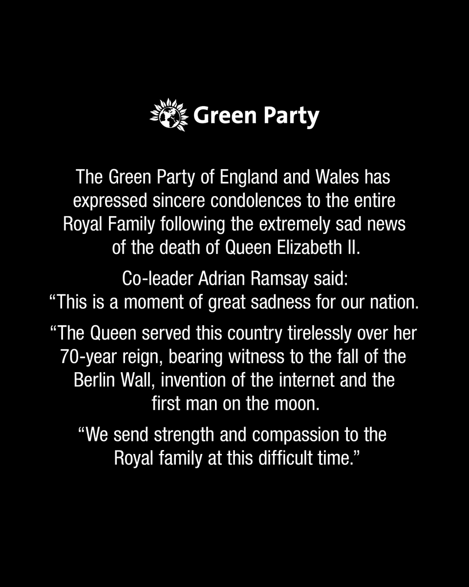 Green Party statement on the death of Queen Elizabeth II.