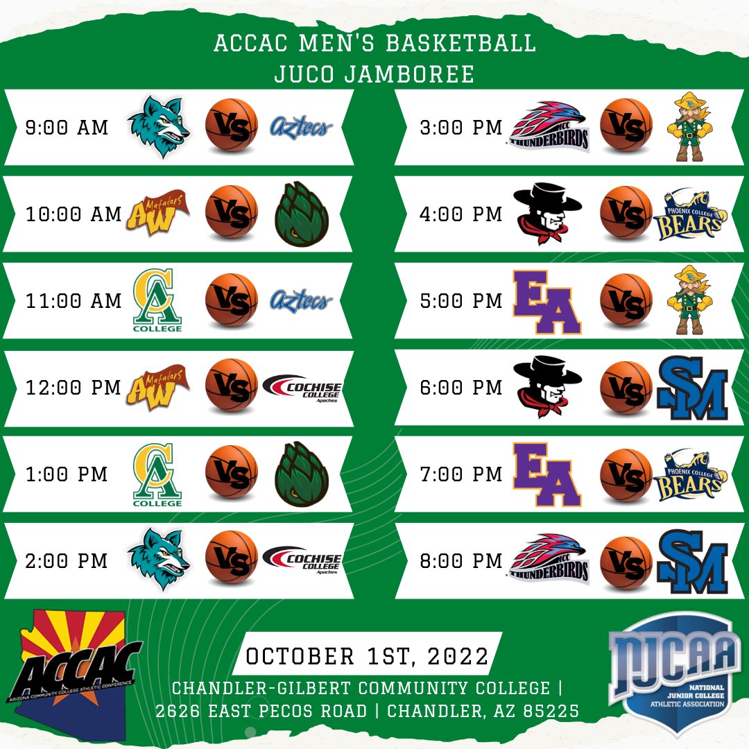 The 2022 <a href="/accac_sports/">ACCAC Sports</a> Men’s Basketball JUCO Jamboree is set!!!

🗓 October 1st

🏀10AM vs <a href="/AWCMatsHoops/">Arizona Western Men's Basketball</a> 

🏀1PM vs @VaquerosMBB 

🚨All games will be held at <a href="/CGCCAthletics/">CGCC Athletics</a>!!!

#GoChokes #SCCBasketball