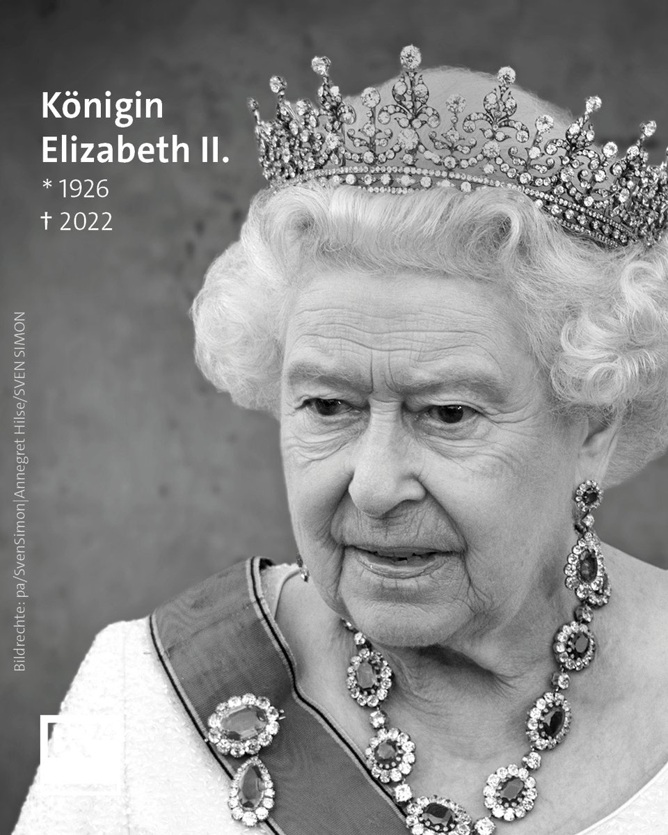 BR24's tweet photo. Die britische Königin #ElizabethII ist im Alter von 96 Jahren gestorben. Ihr Gesundheitszustand hatte sich am Donnerstagmorgen akut verschlechtert. Sie saß seit 1952 auf dem britischen Thron - regierte also genau 70 Jahre.
https://t.co/uU4jvfvXbK https://t.co/r6vOg1g8Lp