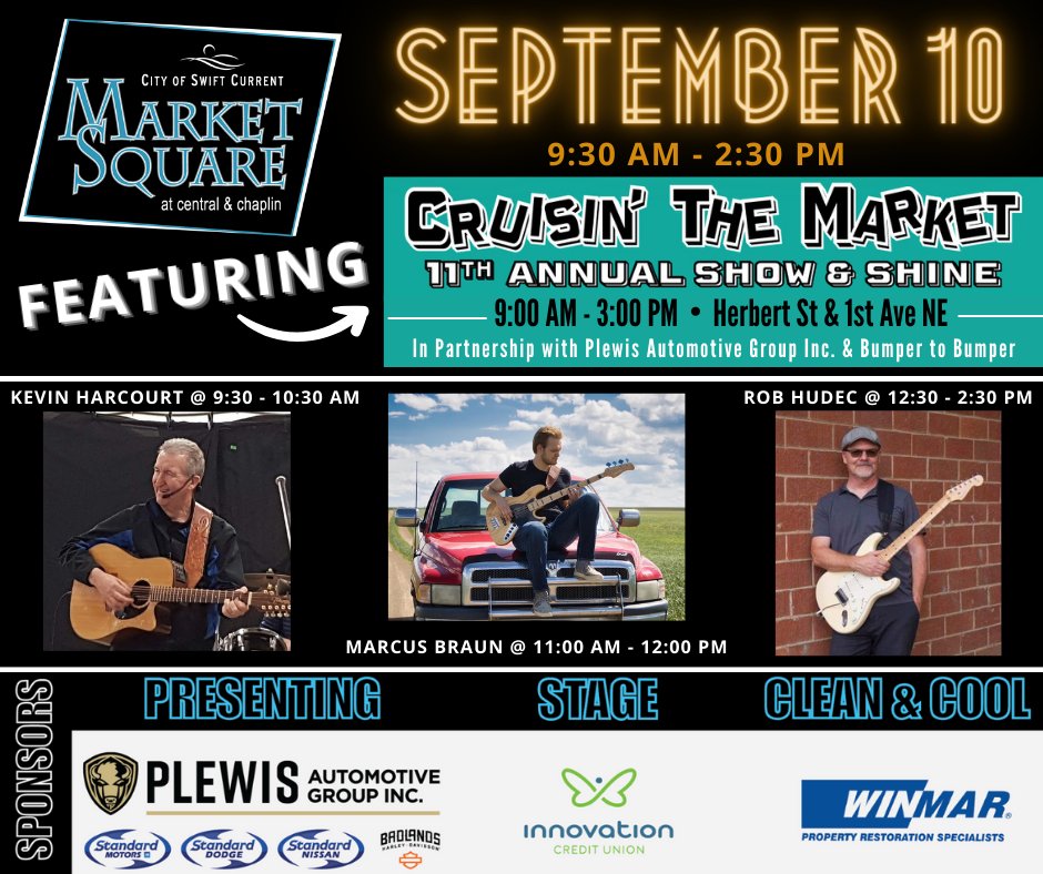 Swift Current (@city_sc) on Twitter photo Looking forward to Saturday September 10th - the most epic-est, rootin'-tootin'-est, makin'-up-words-as-we-go GOOD TIME! Cruisin' The Market 11th Annual Show n' Shine down at Market Square, presented by <a href="/StandardMotors/">Standard Motors</a>, plus 3 stage acts brought to you by <a href="/InnovationCU/">Innovation Federal Credit Union</a>. Be there! Looking forward to Saturday September 10th - the most epic-est, rootin'-tootin'-est, makin'-up-words-as-we-go GOOD TIME! Cruisin' The Market 11th Annual Show n' Shine down at Market Square, presented by <a href="/StandardMotors/">Standard Motors</a>, plus 3 stage acts brought to you by <a href="/InnovationCU/">Innovation Federal Credit Union</a>. Be there!