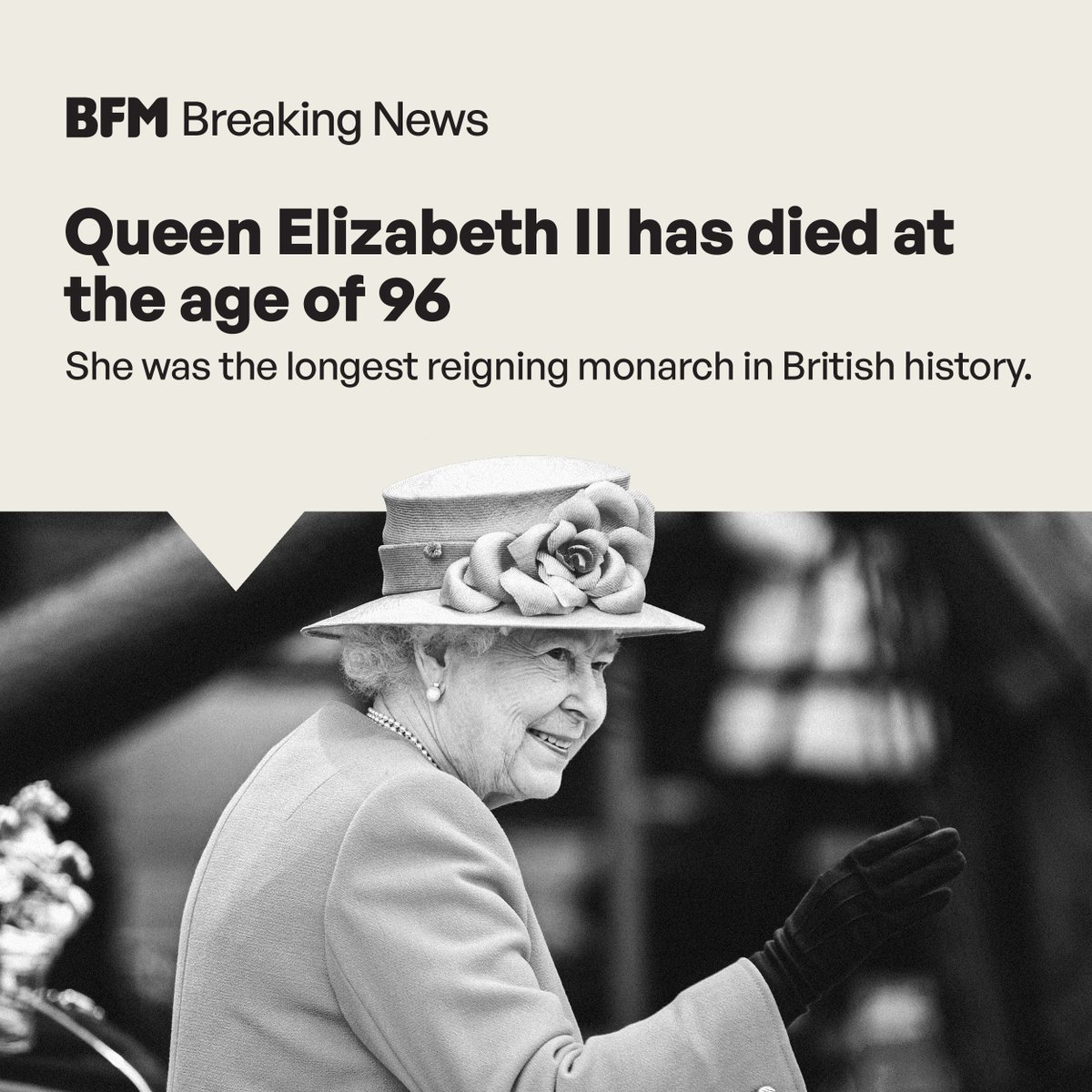 NewsBFM's tweet image. BREAKING: Queen Elizabeth II, the longest reigning monarch in British history, has died at the age of 96.  

She took the throne at the age of 25, on Feb 6, 1952, and had ruled for 70 years.