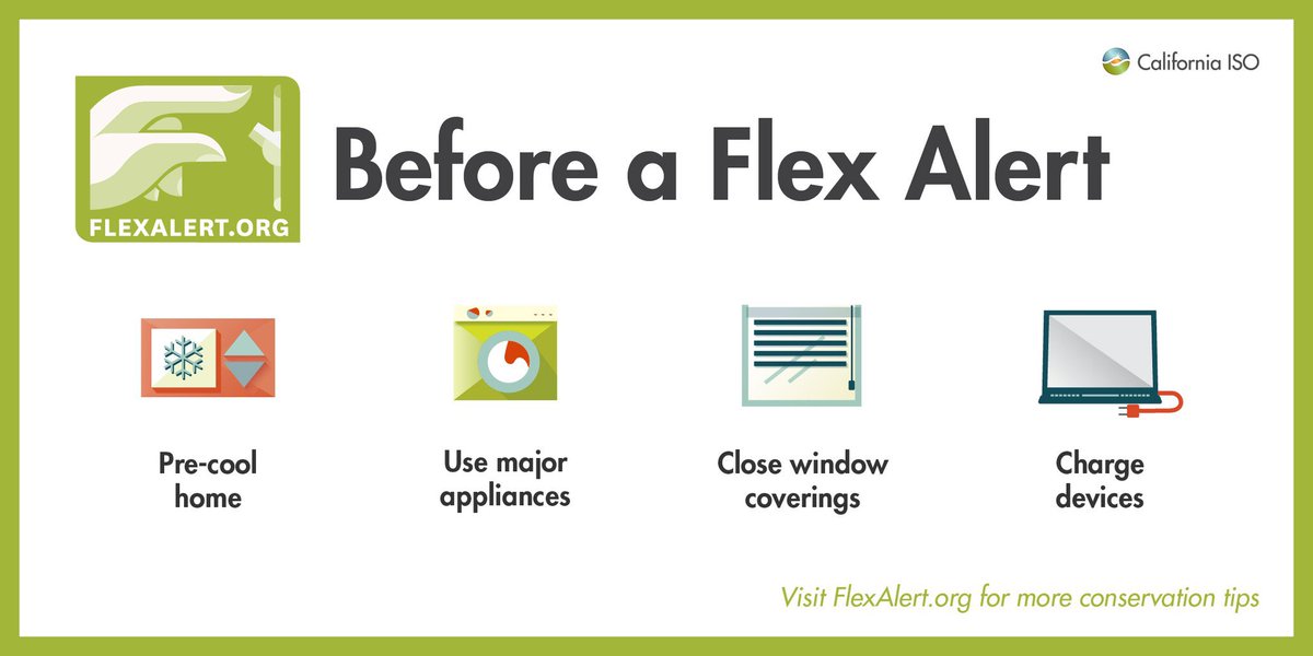 Today’s #FlexAlert is longer. This time it’s in effect 3-10pm. CA has done a great job with conserving energy during this unprecedented heat wave, which has helped us avoid rotating power outages. Keep up the good work! Here are some things you can do now: