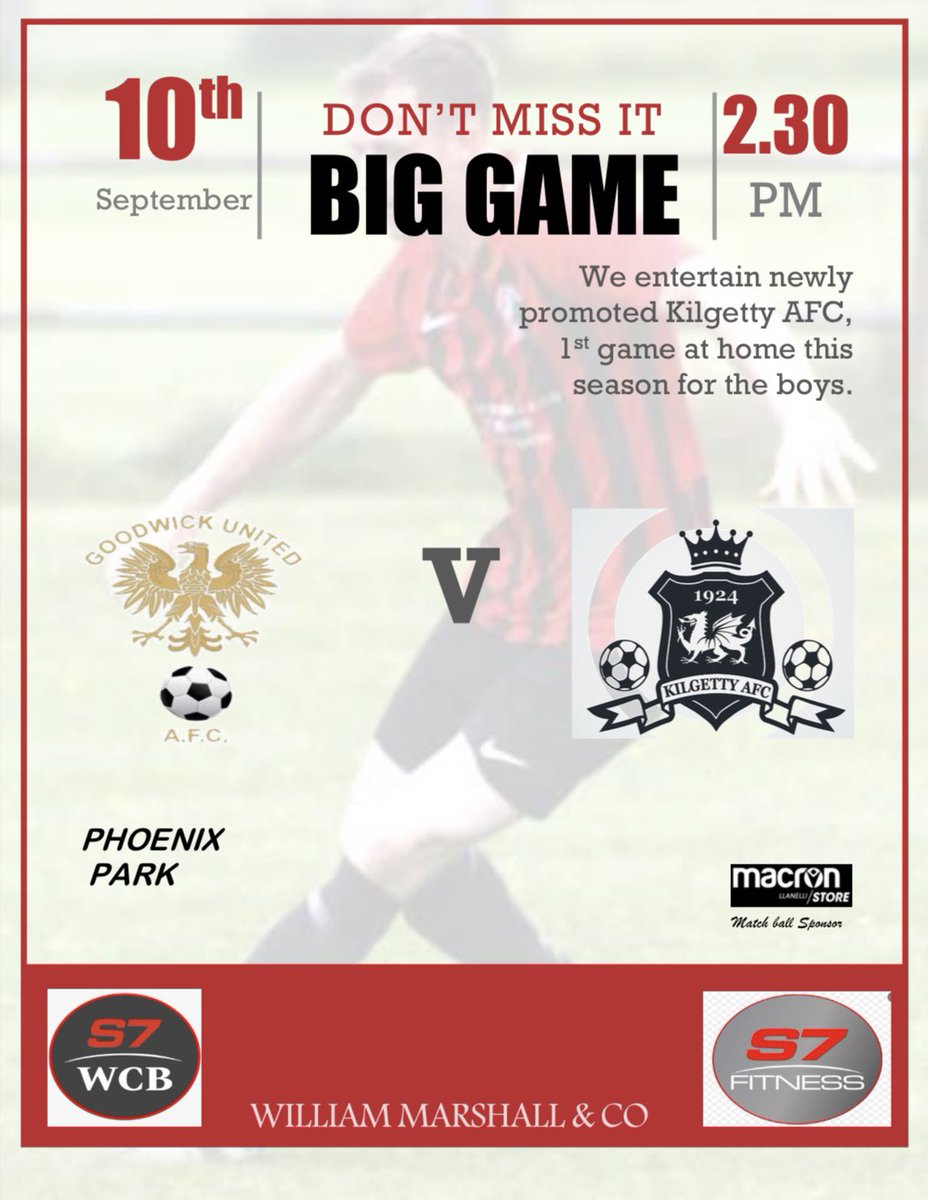 GoodwickUtd's tweet photo. Saturday the 1sts take on @KilgettyAFC 

📆 - Sat, 10/9
⏰ - 2:30pm kick off 
📍 -  Phoenix Park

#RAGURA 🔴⚫️ https://t.co/VAVlh6BNGC