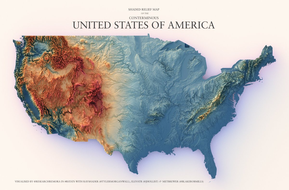 researchremora's tweet image. Today&apos;s shaded relief map is the conterminous United States of America. Where&apos;s Alaska and Hawaii? Well, they deserve their own maps. Also, Alaska is seriously massive. Texas + California + Montana massive. That is grand.

#rayshader adventures, an #rstats tale