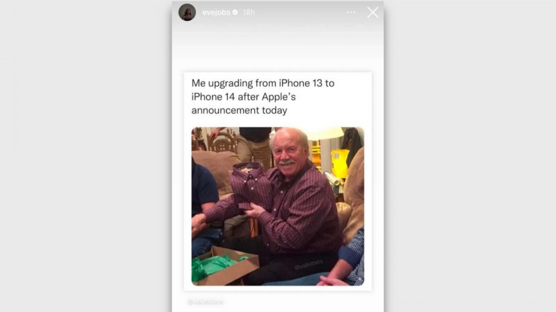 MacRumors's tweet photo. Steve Jobs’ Daughter Shares Then Deletes Meme Mocking iPhone 14’s Modest Upgrades https://t.co/k5u0Akmmfa by @SamiFathi_ https://t.co/ElOqJr0cGG