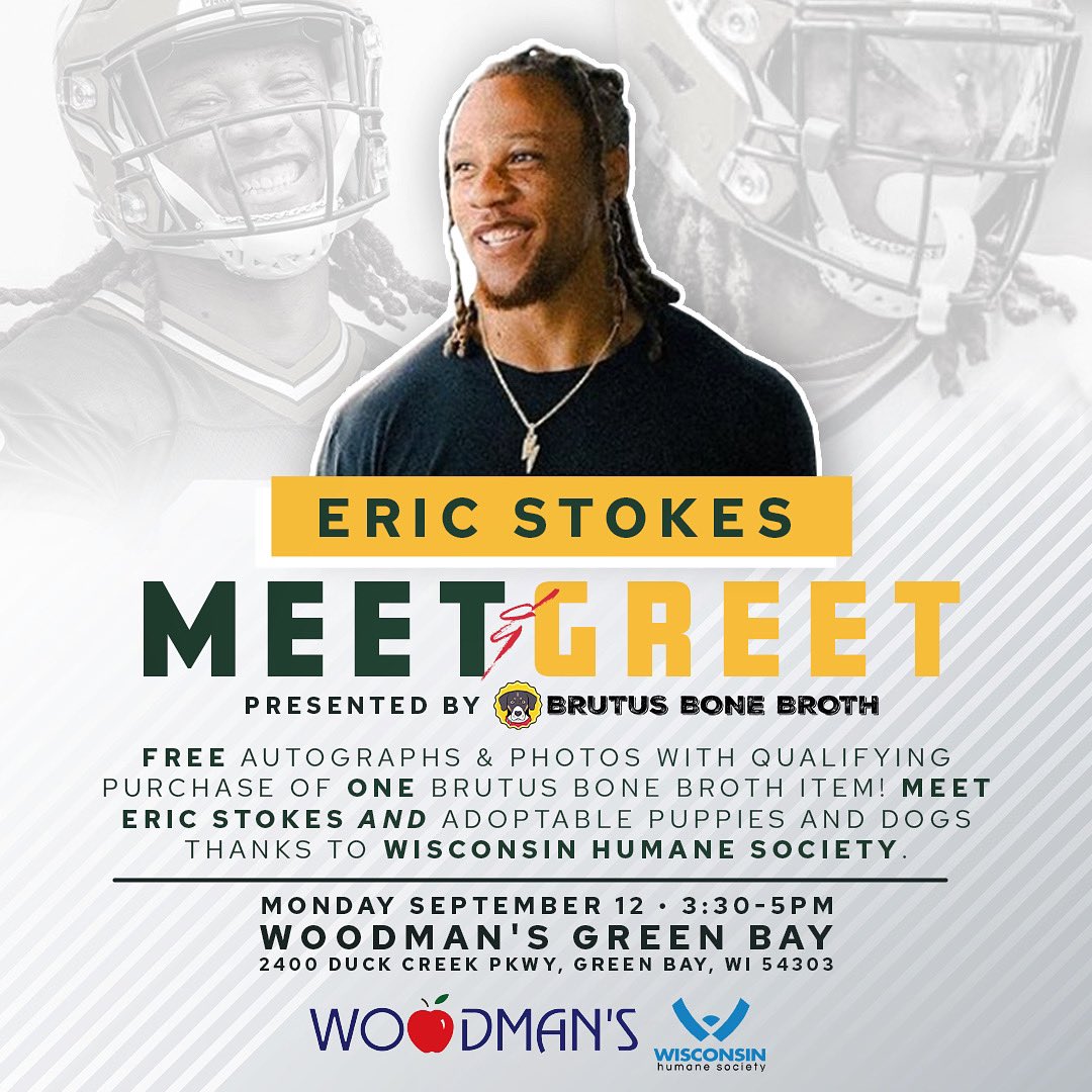 BrutusBroth's tweet photo. Calling all #Packers fans! Join us Monday 9/12 from 3:30-5 PM at Woodman’s in Green Bay to meet CB Eric Stokes! @_jamane_ 🏈🐾 @WiscHumane will be there too with pups looking for their forever homes! https://t.co/BkjCxU2pMm