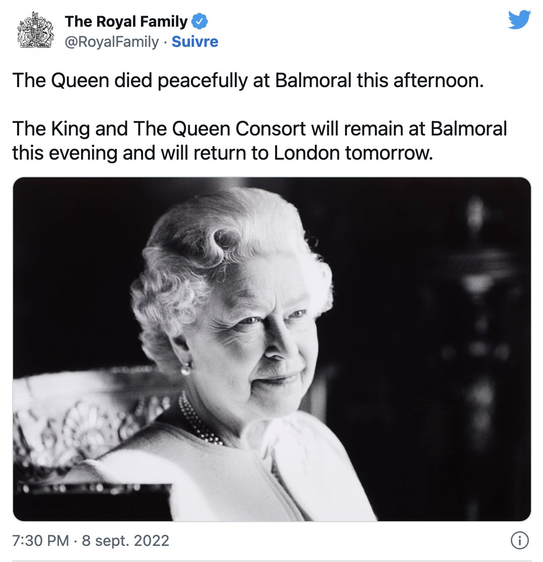 [En DIRECT] Buckingham Palace vient de l'annoncer. La reine Elizabeth II est décédée ce jeudi. 
Charles devient automatiquement roi bit.ly/3qnAk30