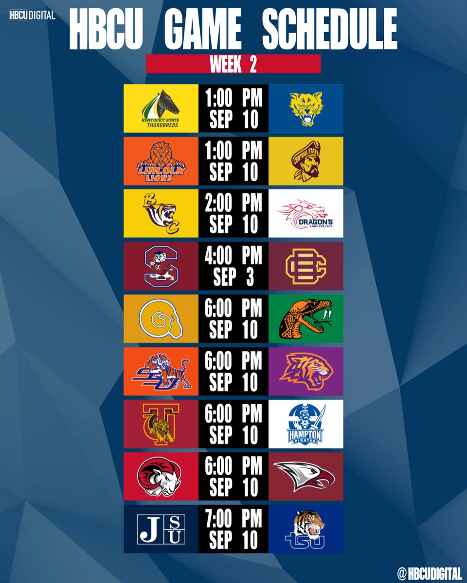 HBCUDigital's tweet photo. Week 2 action of #HBCU matchups. A few Classics &amp; Rivalries. #ThisIsHome https://t.co/IhEpjGcOgw