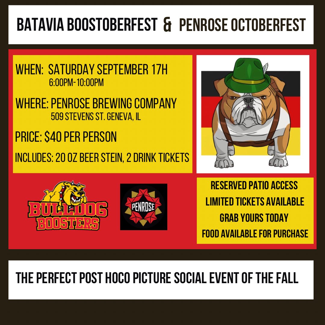Bataviaboosters's tweet photo. Tickets on sale now for BoostOberfest. Just one short week away. 
https://t.co/ePDtSVVxSb https://t.co/T3SvflyfC3