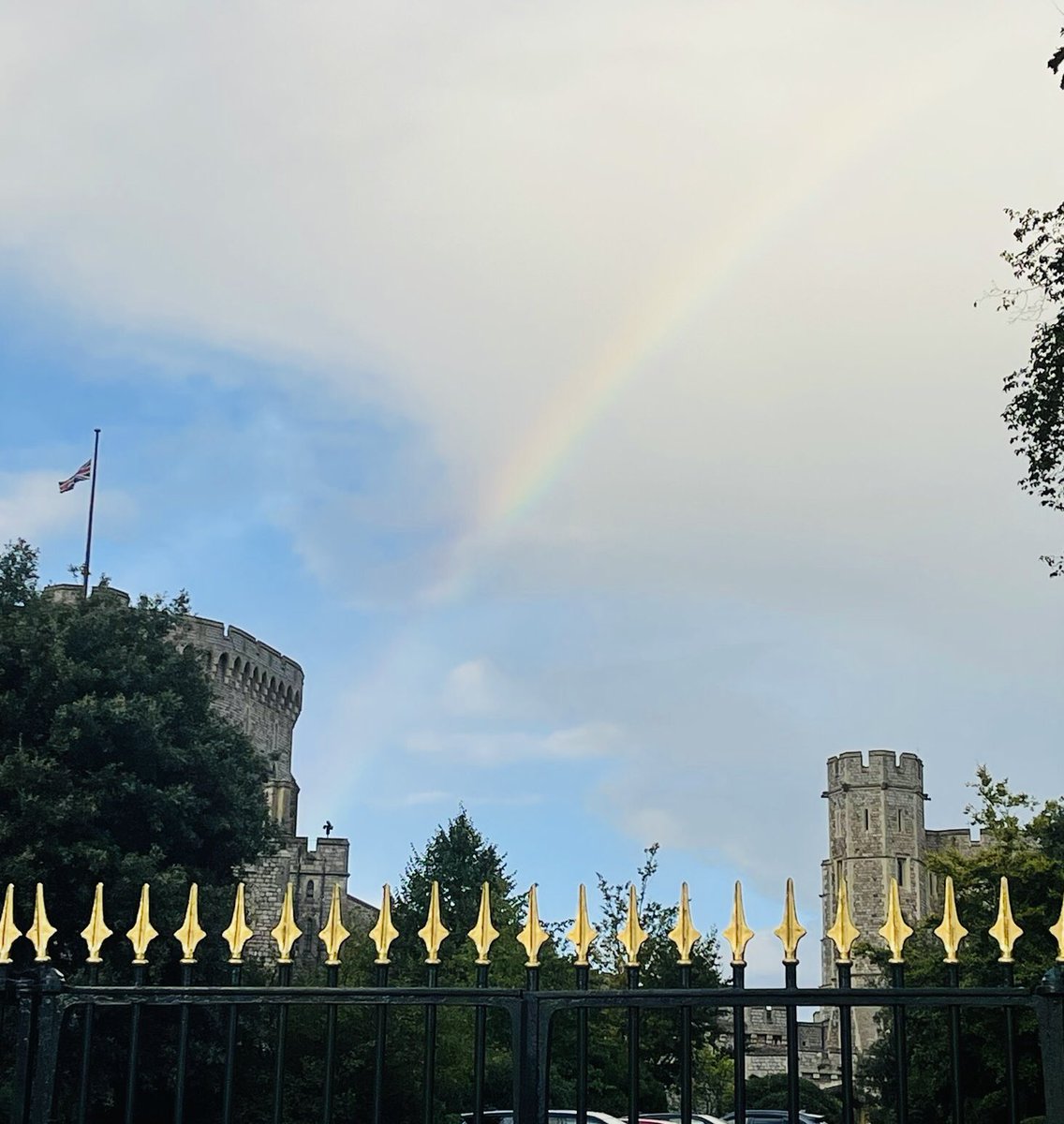 At Windsor Castle, the Queen’s much loved home, a rainbow has just appeared and the flag has been lowered.