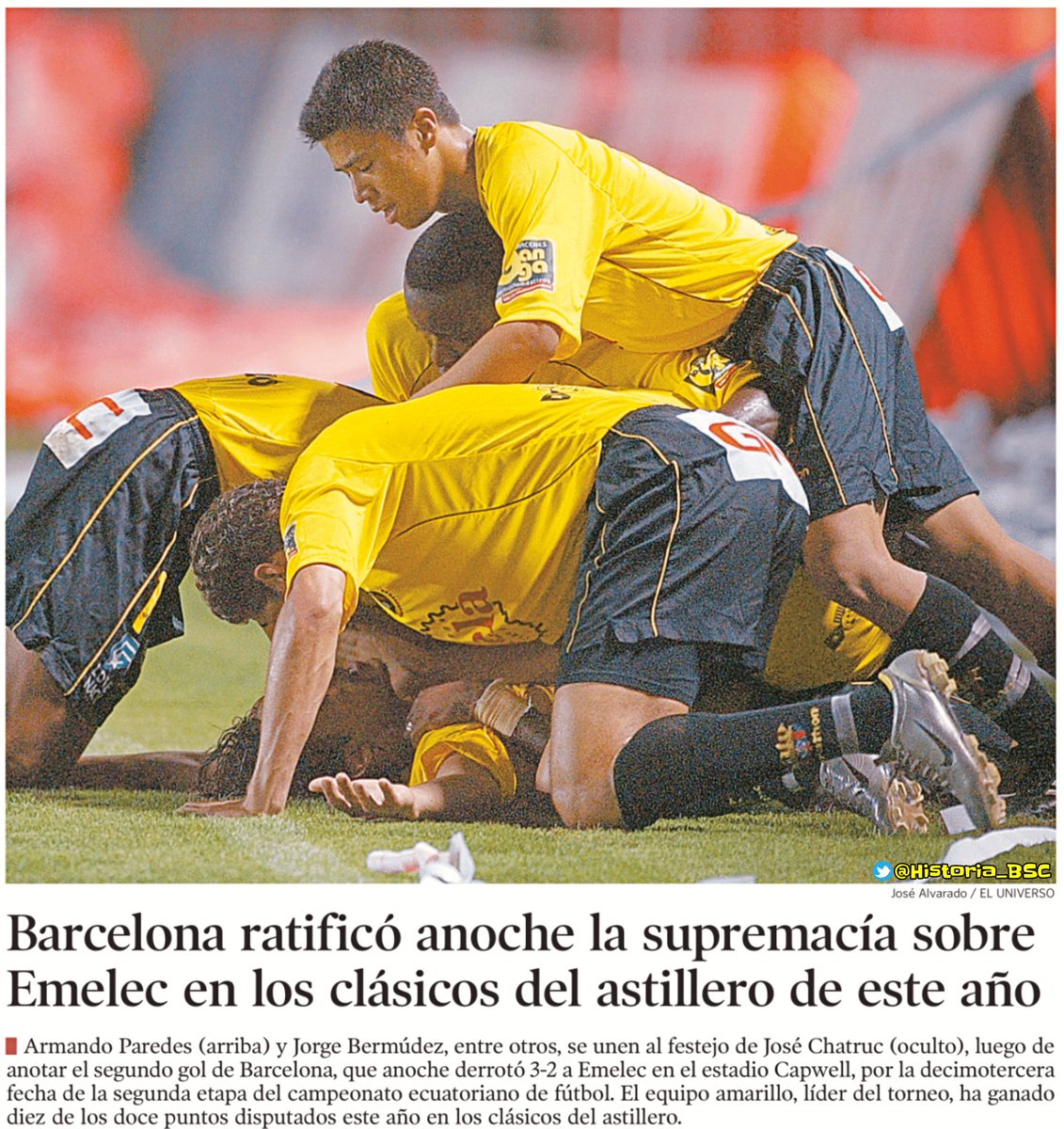 Historia_BSC's tweet photo. #UnDíaComoHoyBSC (Año 2004)

Emelec 2 – 3 BARCELONA S.C.

Estadio Capwell | 18.000 personas | Goles BSC: José Chatruc (x2), Geovanny Caicedo. https://t.co/5BvJIIiNjQ