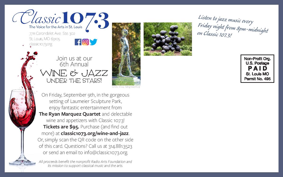 Time is short. Before time and tickets sell out grab your ticket to tomorrow night's 6th Annual Wine & Jazz Under the Stars. #Classic107 #WineJazz #STLArts