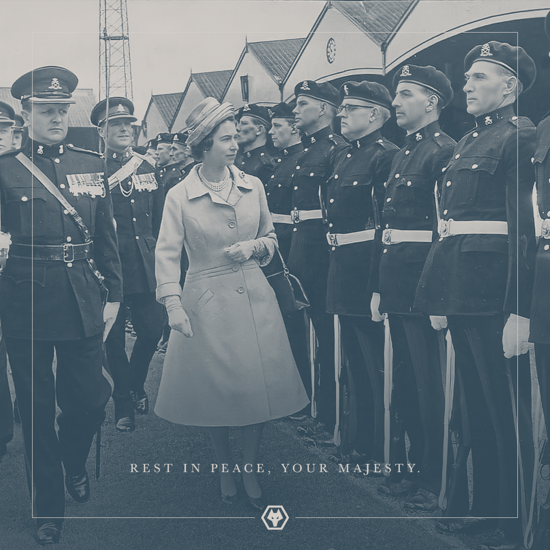 Wolves's tweet photo. We are deeply saddened by the passing of HM Queen Elizabeth II. 

Our thoughts and sincere condolences are with the Royal Family and we join the nation in mourning her loss. 

Rest In Peace, Your Majesty. https://t.co/PFBXoodIoo
