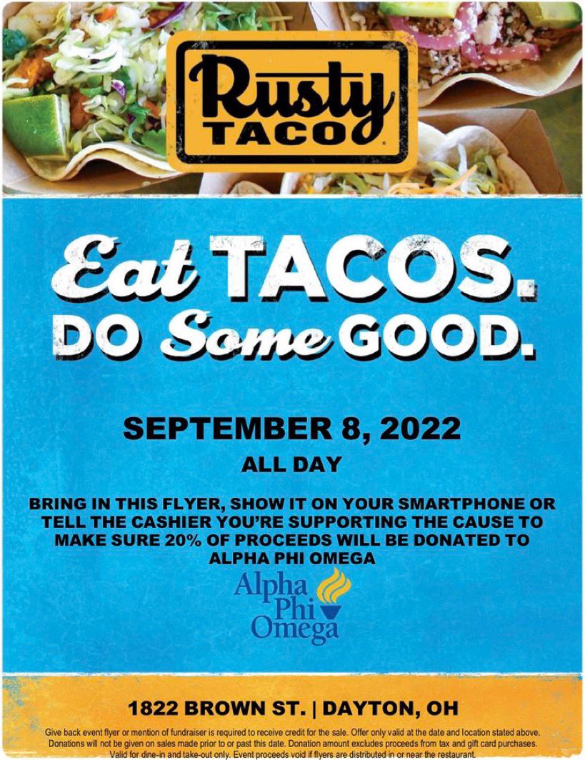 AlphaGammaXi's tweet photo. Come to Rusty Taco tonight and mention APO!!!! #tacothursday #helpraisemoney https://t.co/u9WSb7R4bs