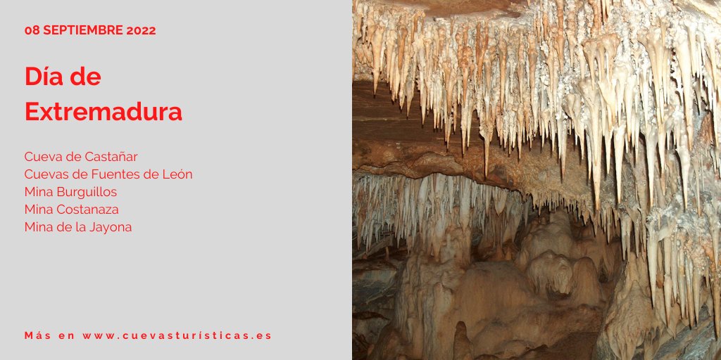 Cuevastur's tweet photo. Hoy es el Día de #Extremadura y, desde la Asociación de #CuevasTurísticas Españolas, nos sumamos a la celebración con el listado de nuestras #cavidades en la comunidad.
Visita ya la web y organiza tu escapada.
https://t.co/A5gAwucxXg
#ACTE https://t.co/9h98n4LjWU