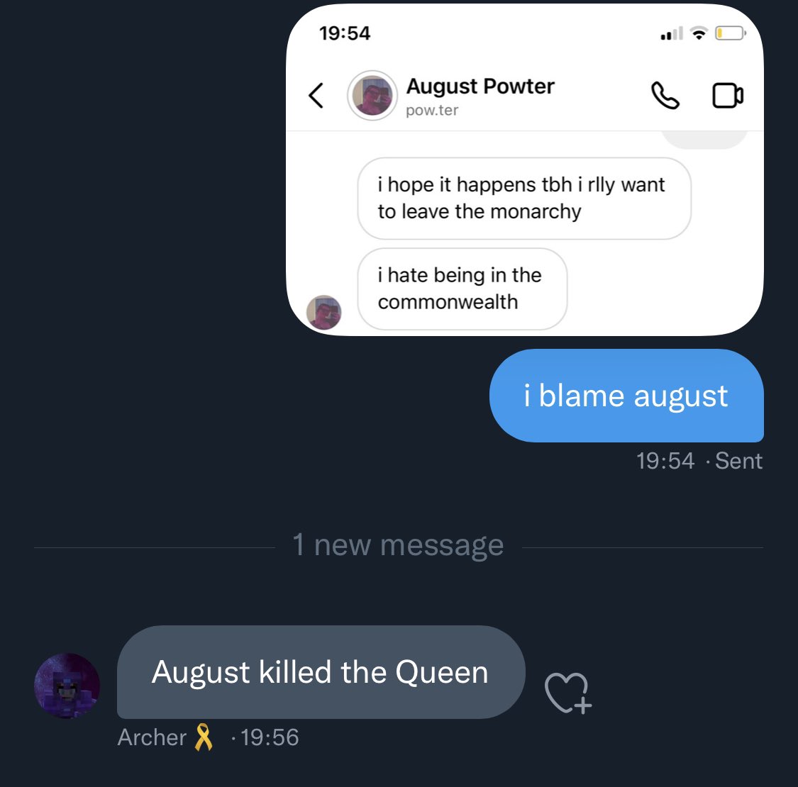 AidensABAYFC's tweet photo. RIP to the Queen of England! It was all Augusts fault! https://t.co/6ujQRyPAKk