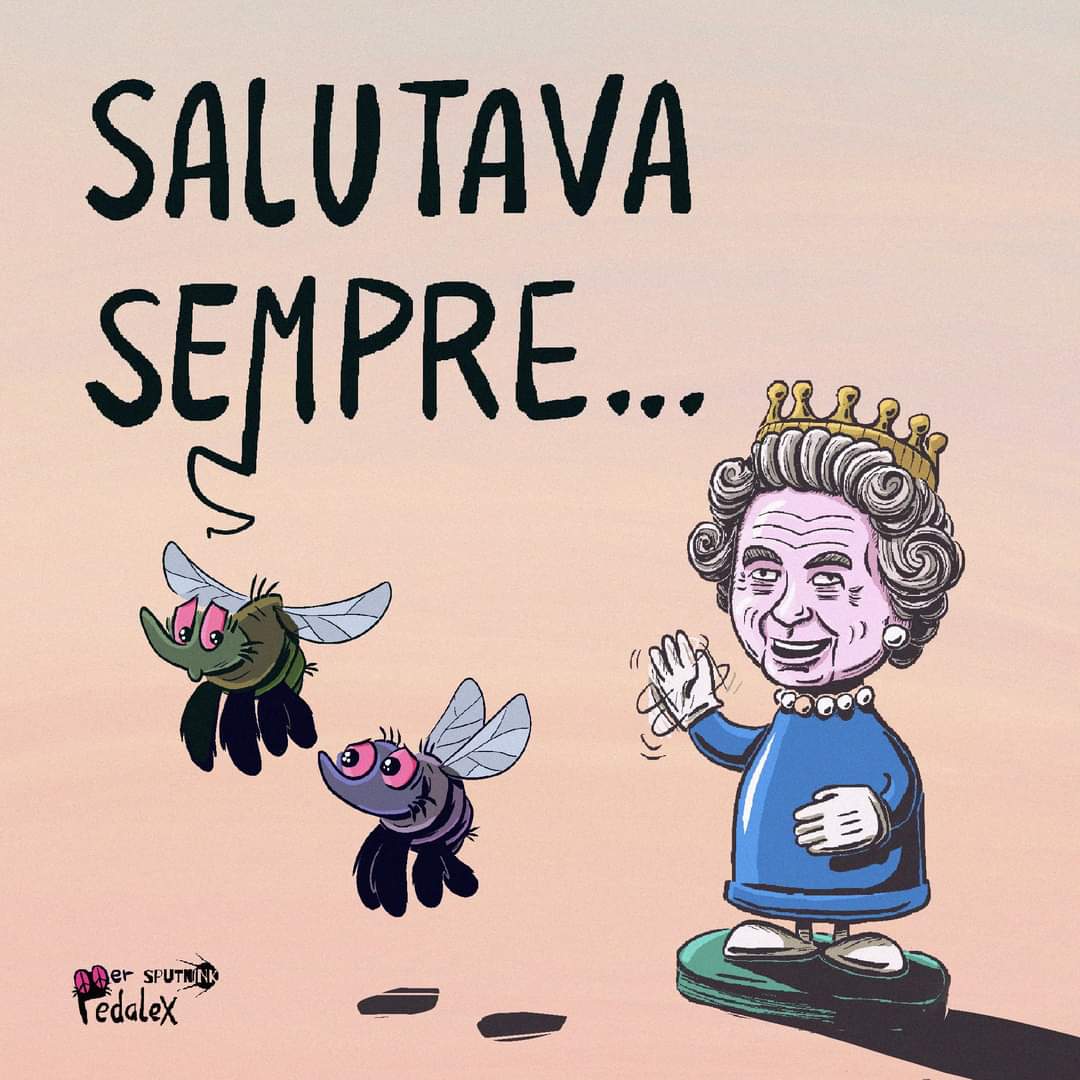 Sputnink_'s tweet photo. Se ne va un pezzo di preistoria
@AlePedalex per Sputnink
#godsavethequeen #queen #reginaelisabetta #lilibeth #byeelizabeth #rip #vignetta #satira #pedalex #SputnInk https://t.co/IfzKxMr1CU