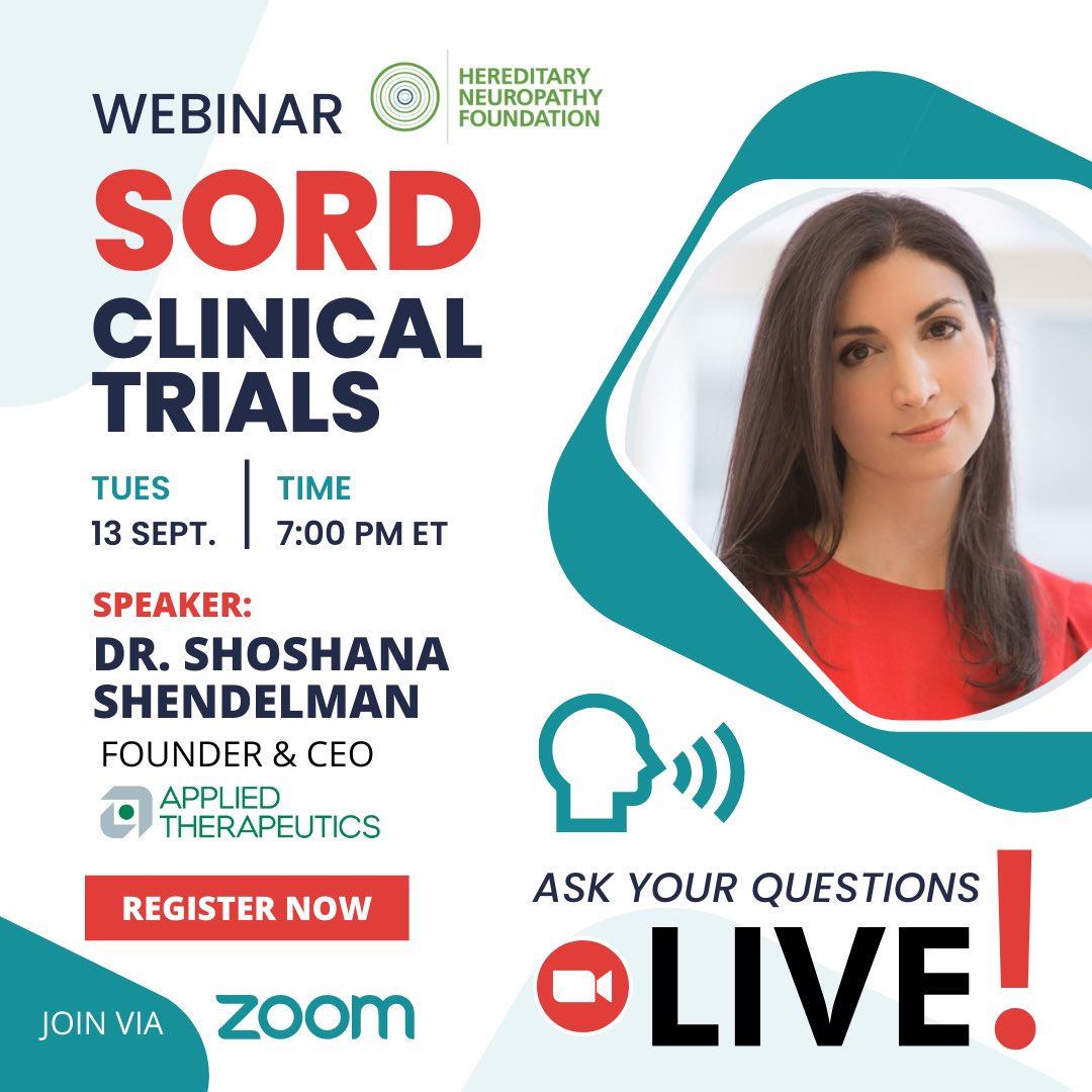 CMTNeuropathy's tweet photo. Join us 9/13/22 @7pm ET Understand #SORDDeficiency! 
•Identify the steps to take if you want to be tested for SORD Deficiency
•Share research that is underway 
•Discuss opportunities to participate in #clinicaltrials
•Q &amp; A https://t.co/zmARtqCnUl https://t.co/dBwyKPoOmd