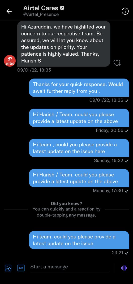 azar_offl's tweet photo. @Airtel_Presence @airtelindia , Team if we have to tweet everytime to get our issues to be resolved then what is the purpose of asking us to DM etc.. Look at the continuous follow-ups which have happened over more than a week now . This is the worst experience, Airtel is far better than this. https://t.co/TfkerVge0A