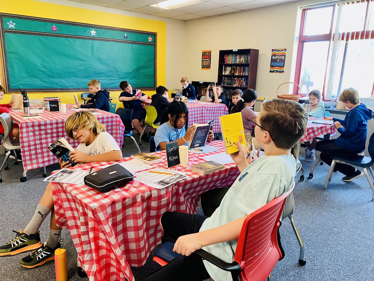 NFMSGrade6's tweet photo. Team Yellow students dined at Chef Petruso’s Book Bistro today. Ask your child to share which books he/she “tasted” and can’t wait to read. https://t.co/jCqQrGoC1g