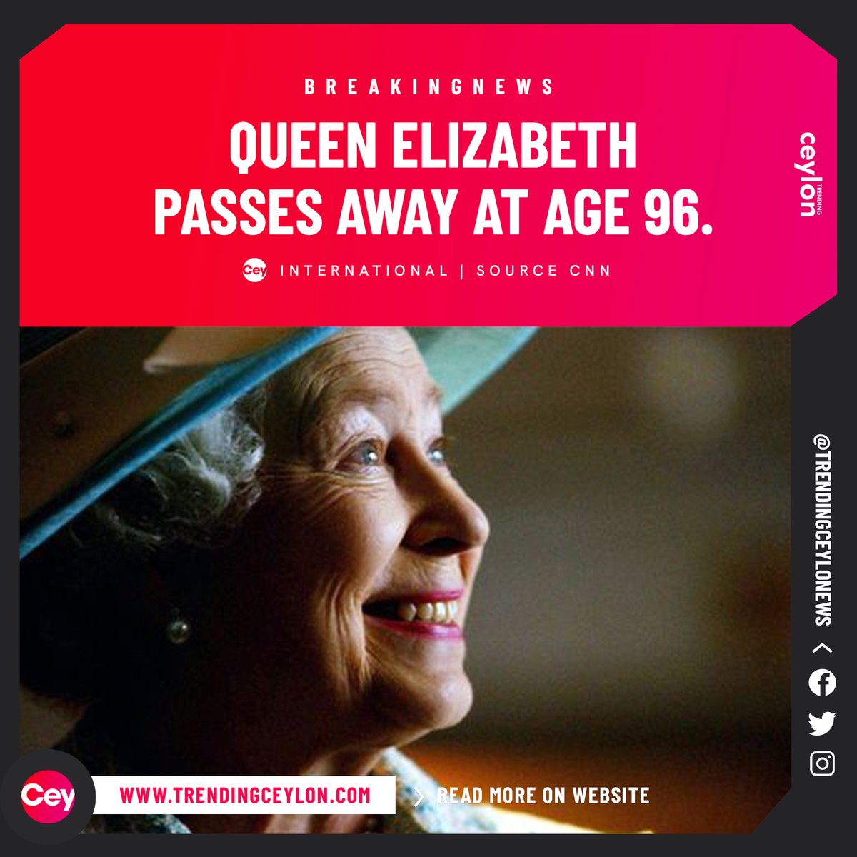 trendceylonews's tweet photo. 🛑#BreakingNews Elizabeth II, the British monarch who endured conflict and upheaval, passes away at age 96.
https://t.co/iNIbIOy6kc

#QueenElizabeth #Queen #London #LondonBridge #Britain #LondonNews https://t.co/0gPJaQa84u