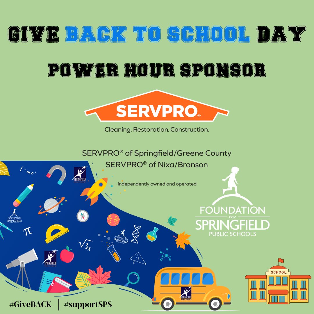 #GiveBACK Day POWER HOUR alert: <a href="/ServproSGF/">SERVPRO of Springfield/Greene County</a>!

“We love to support our local school districts, including FSPS &amp; #GiveBackDay, we value our community and care about the people we live and work with! Our local schools are an essential part of that.”

Donate: supportsps.org/donate