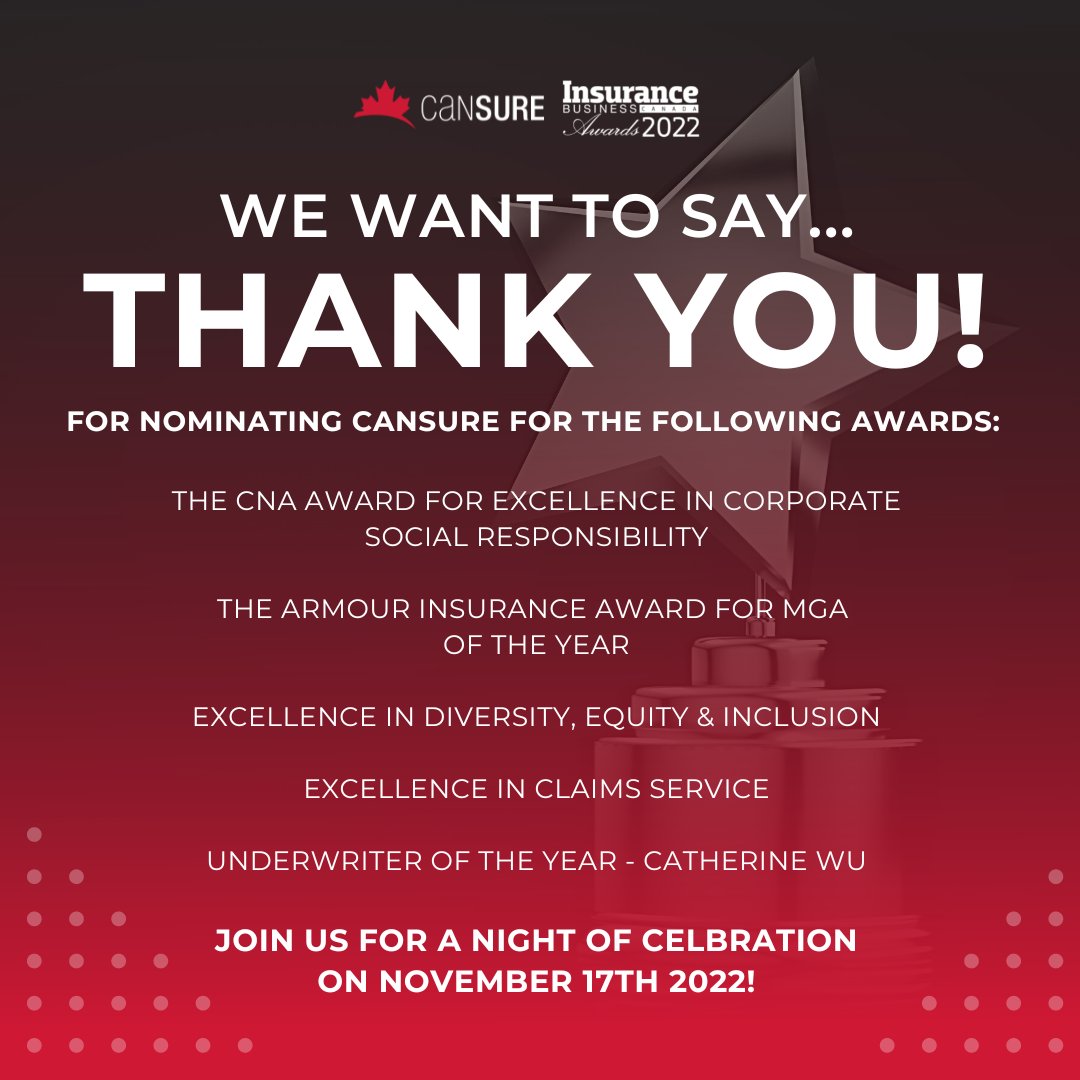 Cansure_MGA's tweet photo. Thank you for nominating us for the @InsuranceBizCA Awards 2022 in FIVE categories! 🌟 We wouldn't be where we are today without your continuous support.
#Cansure #InsuranceBusinessCanada #IBCAwards2022 #MGA #underwriting #insuranceindustry #insurance #Canada https://t.co/M74PG5eZk6