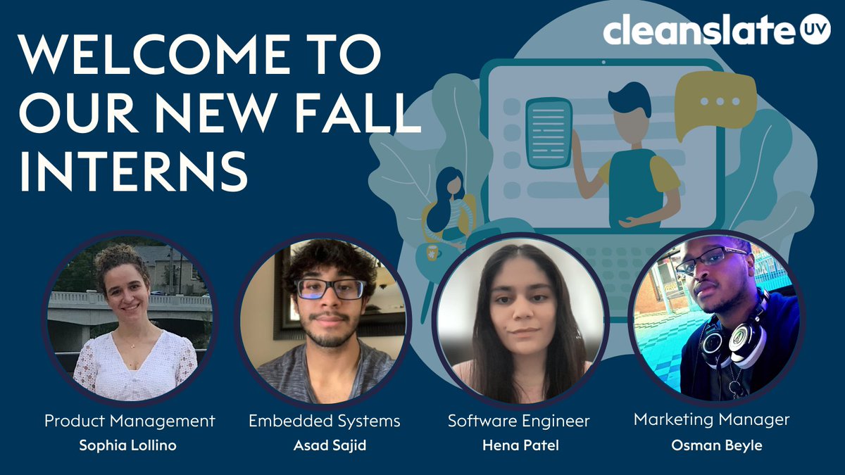 cleanslateuv's tweet photo. CleanSlate would like to welcome our new Fall 2022 co-op hires. Coming from multiple academic backgrounds and institutions, we are happy to welcome Hena Patel, Osman Beyle, Asad Sajid, and Sophia Lollino. 🎉
#Internship #Opportunity #CleanSlateUv https://t.co/HBOdaN7xyy