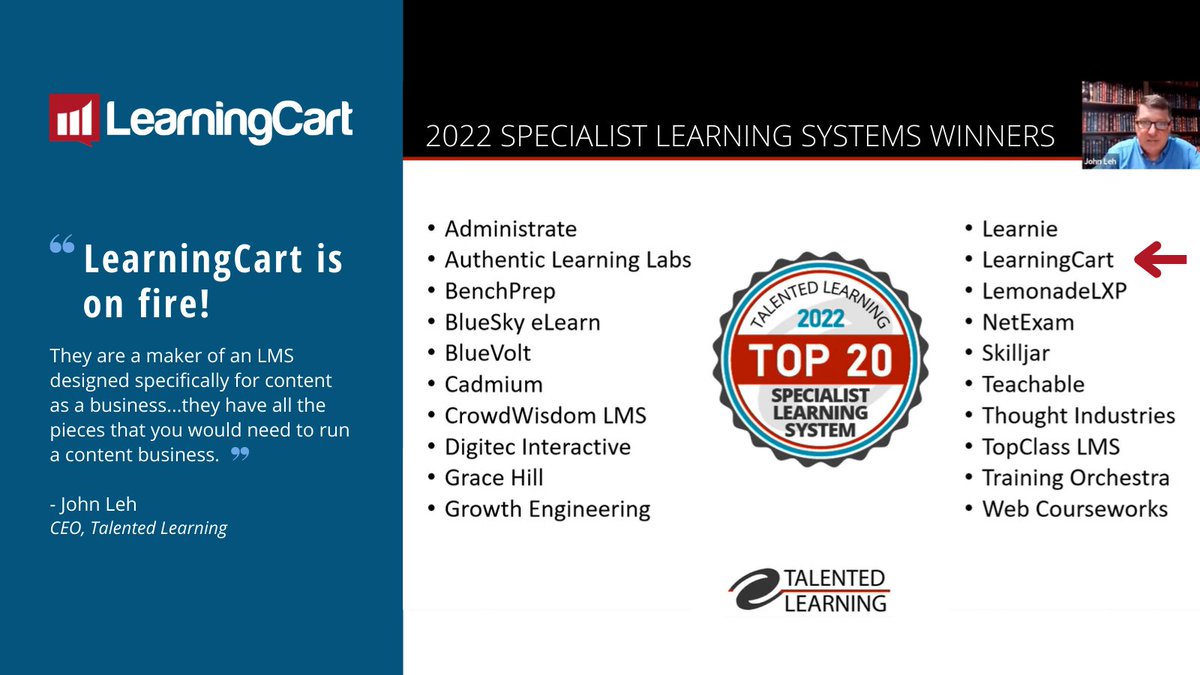 LearningCartLMS's tweet image. Thrilled to announce that we have been awarded the Top 20 Specialist Learning System award from @TalentedLearn - Talented Learning is a leader in the extended enterprise space & along with the award it was amazing to hear their analyst's positive feedback about what we offer.