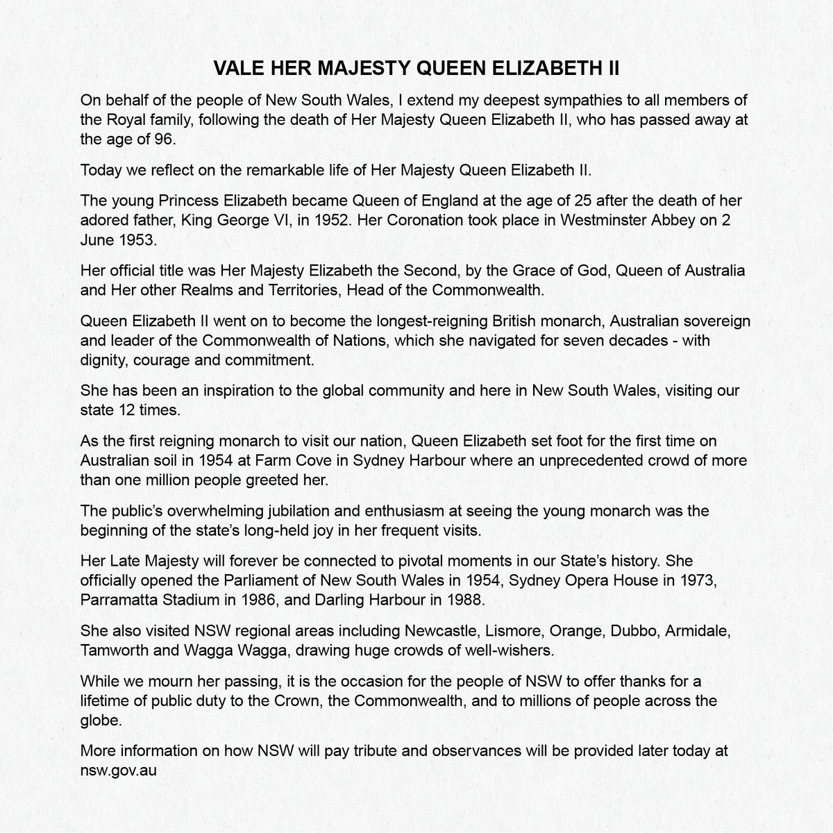 Dom_Perrottet's tweet photo. On behalf of the people of New South Wales, I extend my deepest sympathies to all members of the Royal family, following the death of Her Majesty Queen Elizabeth II, who has passed away at the age of 96. https://t.co/uhg4jyliFc