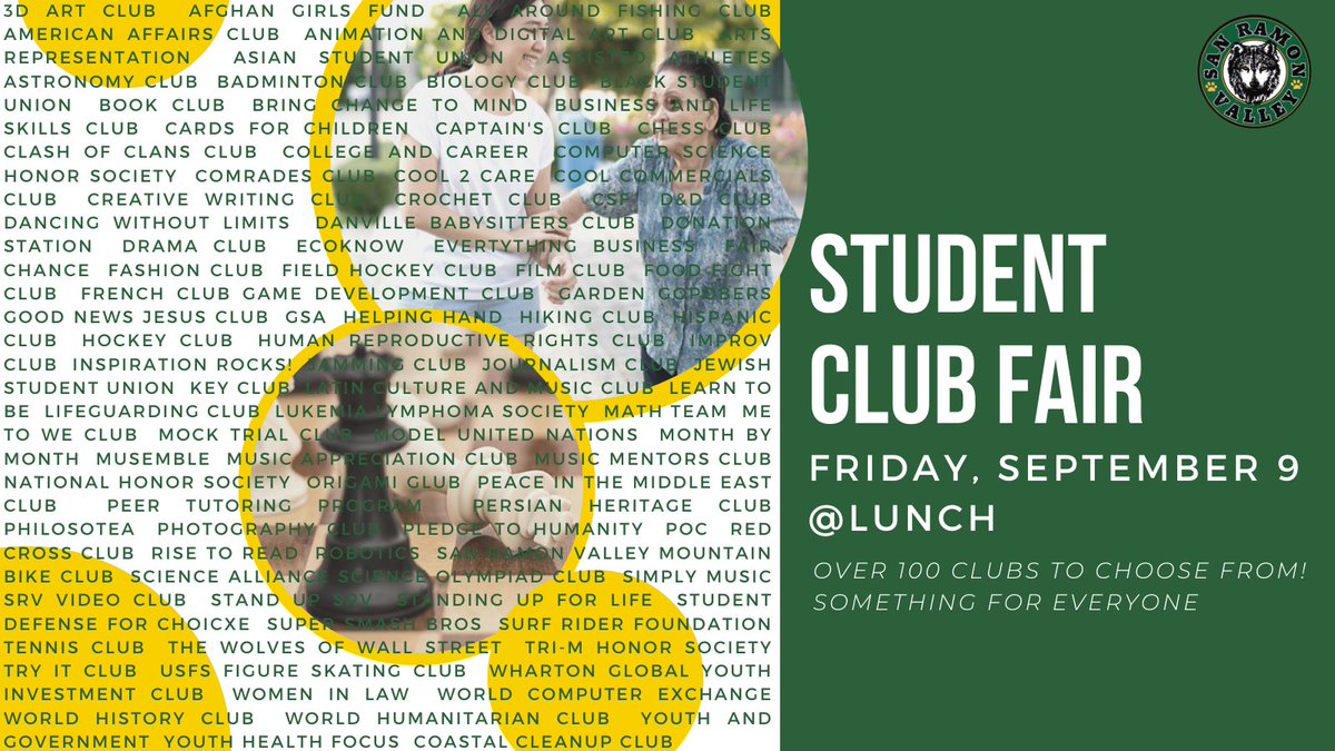 Students can join on campus clubs at Friday's Club Fair during lunch. With over 100 clubs, there's something for everyone!