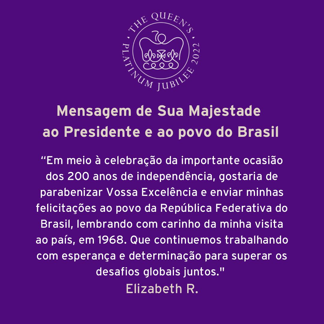 hoje_no's tweet photo. A última mensagem oficial da Rainha Elizabeth II foi direcionada ao Brasil! Parabenizou o nosso país pelos 200 anos da sua independência e recordou com carinho a visita que fez ao Brasil em 1968. https://t.co/qzZcYPyqoI