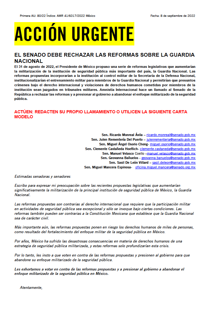 AmnistiaOnline's tweet image. 🚨🚨 

#ACCIONURGENTE

En unas horas @senadomexico votará sobre una serie de reformas que profundizarían la militarización de la seguridad pública en #México. 

Las reformas conciernen a la Guardia Nacional – el cuerpo de seguridad más importante del país

amn.st/6012M3aV0