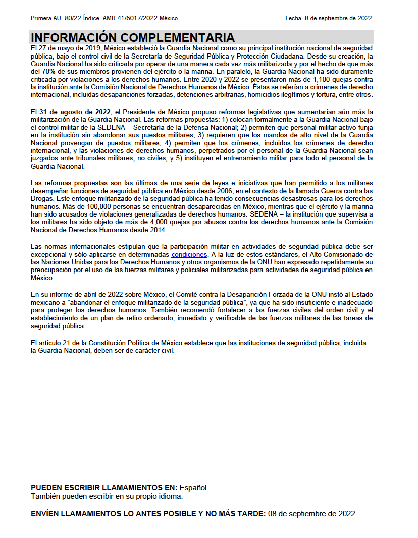 AmnistiaOnline's tweet image. 🚨🚨 

#ACCIONURGENTE

En unas horas @senadomexico votará sobre una serie de reformas que profundizarían la militarización de la seguridad pública en #México. 

Las reformas conciernen a la Guardia Nacional – el cuerpo de seguridad más importante del país

amn.st/6012M3aV0