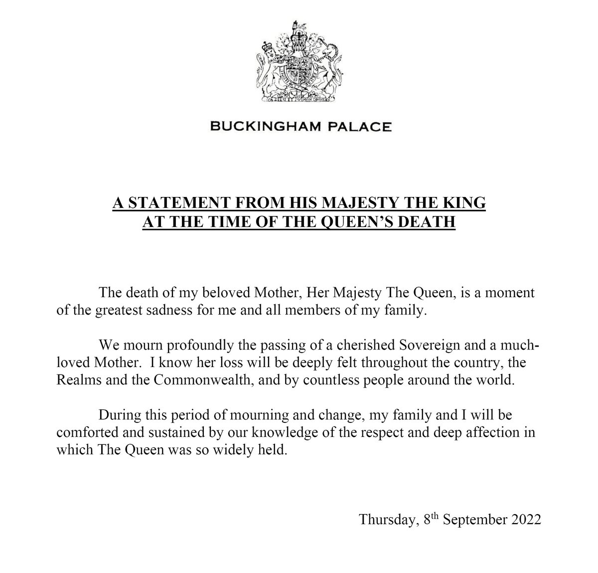 A statement from His Majesty The King:
