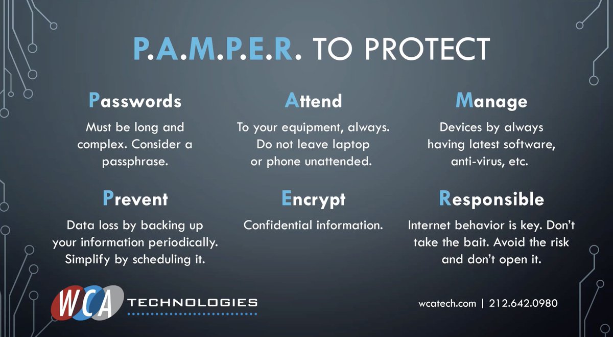 WCATech's tweet image. Our team often speaks about how you can PAMPER to protect your business. 

P-asswords

A-ttend

M-anage

P-revent

E-ncrypt 

R-esponsible

Connecting with an experienced IT services provider is the key to staying secure. #WCATech