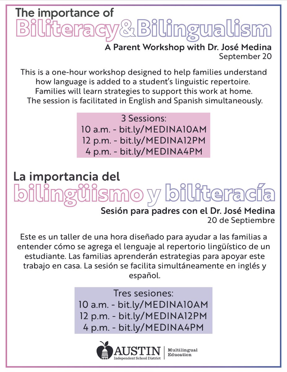 AISD Multilingual Ed (@aisdmultilingue) on Twitter photo ¡Vamos a hablar sobre la importancia del bilingüismo y la biliteracía con el Dr. <a href="/JoseMedinaJr89/">Dr. José Medina (él, he, his, him)</a>! Los esperamos el 20 de septiembre a tráves de zoom. ¡Vamos a hablar sobre la importancia del bilingüismo y la biliteracía con el Dr. <a href="/JoseMedinaJr89/">Dr. José Medina (él, he, his, him)</a>! Los esperamos el 20 de septiembre a tráves de zoom.