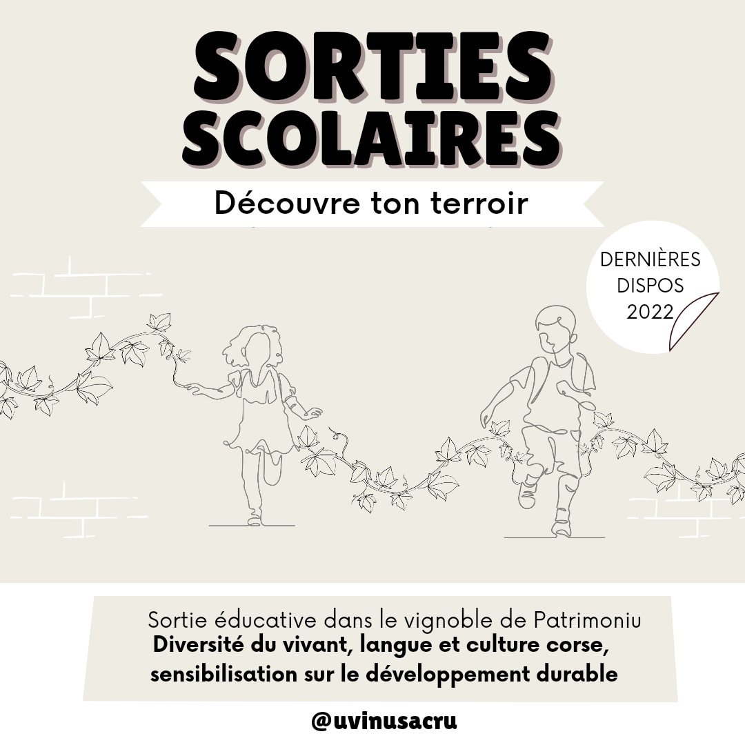 Dernières dispos 2022 👫🍇
Découverte du terroir et du monde vivant, du patrimoine culturel, apprentissage du lexique de la vigne en corse, sensibilisation à l'agriculture bio et au dev.durable. Le tout en découvrant un vignoble en pleines vendanges et en s'amusant !
+ d'infos 💬