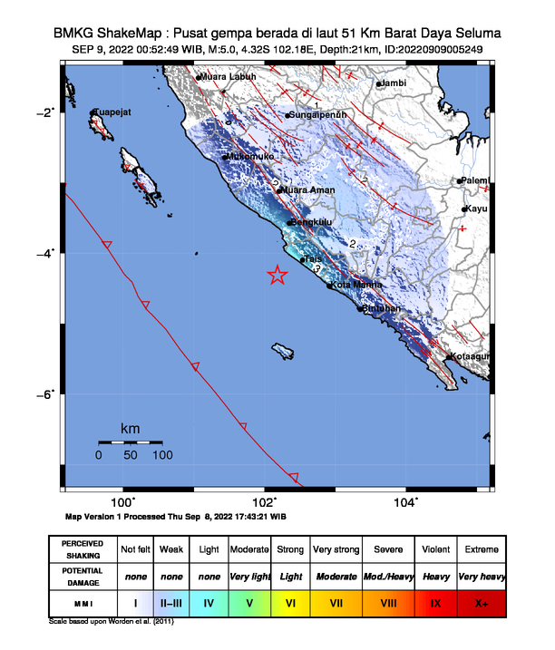 infoBMKG's tweet photo. #Gempa Mag:5.0, 09-Sep-22 00:52:49 WIB, Lok:4.32 LS, 102.18 BT (Pusat gempa berada di laut 51 Km Barat Daya Seluma), Kedlmn:21 Km Dirasakan (MMI) II Kepahiang, III Lampung, III Kota Bengkulu #BMKG https://t.co/6KwxG4JjfK