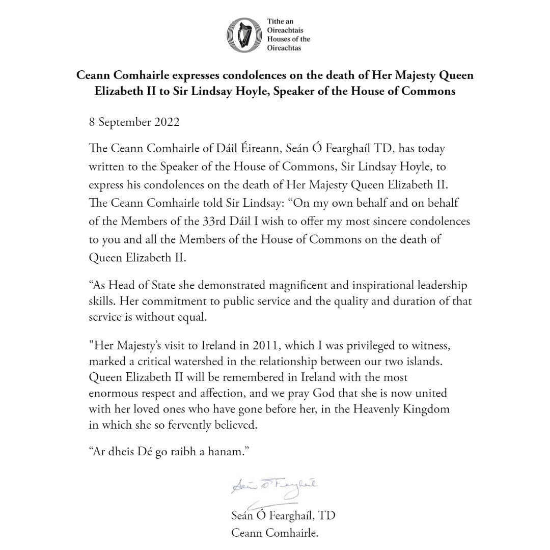 OireachtasNews's tweet photo. Ceann Comhairle expresses condolences on the death of Her Majesty Queen Elizabeth II to Sir Lindsay Hoyle, Speaker of the House of Commons

Read here - https://t.co/IYv1n8x7Uz https://t.co/p6co5CvmsZ