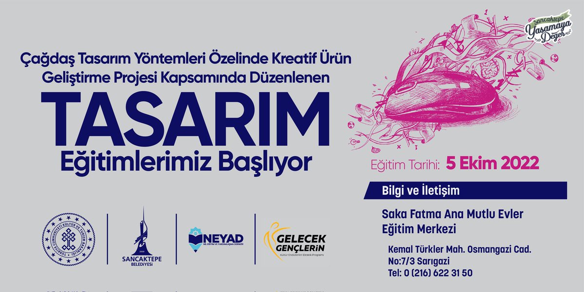 Fırat Neziroğlu ile "Tasarım" eğitimlerimiz başlıyor. 

T.C. Kültür ve Turizm Bakanlığı, Sancaktepe Belediyesi ve NEYAD iş birliği ile yapılacak eğitim 5 Ekim'de başlıyor. 

<a href="/TCKulturTurizm/">T.C. Kültür ve Turizm Bakanlığı</a>
<a href="/SancaktepeBeltr/">Sancaktepe Belediyesi 🇹🇷</a>
<a href="/firatneziroglu/">Firat Neziroglu</a>
<a href="/Nilgun_Diptas/">NİLGÜN DİPTAŞ 🇹🇷</a>

Katılım Linki: l24.im/VLu