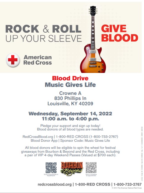 Heading to <a href="/BourbonNBeyond/">Bourbon & Beyond</a> next week?  Why not kick off the festival by giving blood with the <a href="/KYRedCross/">Kentucky Red Cross</a> during the Music Gives Life blood drive, sponsored by Bourbon And Beyond on Wednesday, September 14th.  Scan bar code to schedule your timeslot!

#bourbonandbeyond
