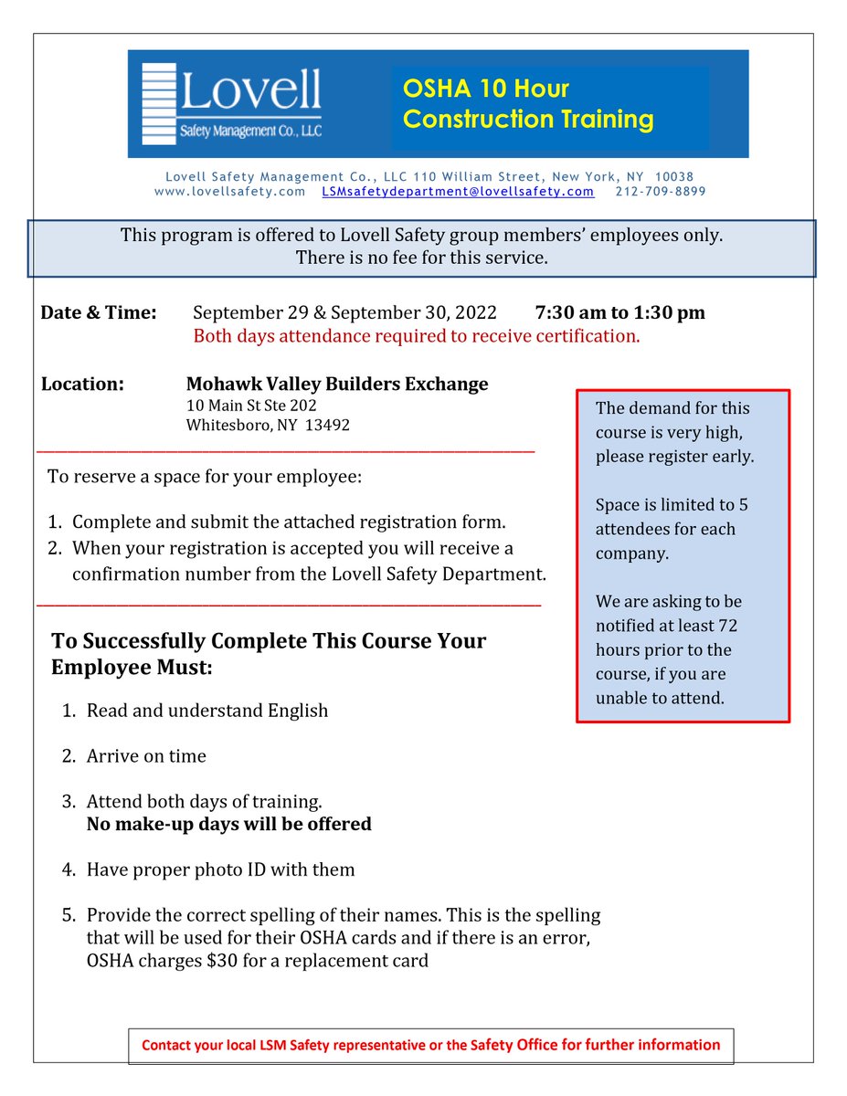 Lovell_Safety's tweet image. We&apos;re once again holding a 10 HR #ConstructionCourse for #OSHACertification, this time in the Mohawk Valley Builders Exchange on 9/29 &amp;amp; 9/30 from 7:30am -1:30pm. To participate, complete the attached file and send to: LSMSafetyDepartment@LovellSafety.com