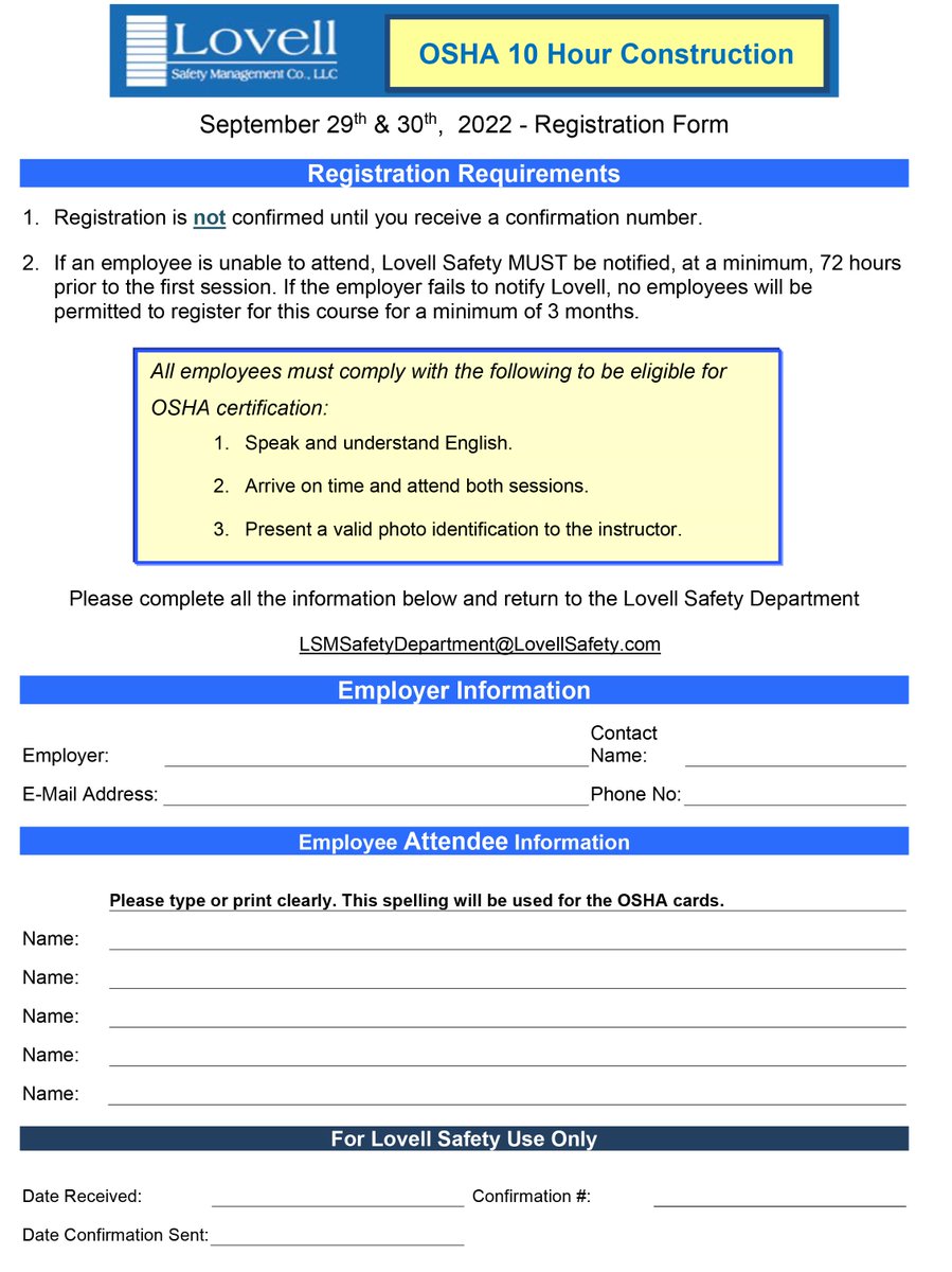 Lovell_Safety's tweet image. We&apos;re once again holding a 10 HR #ConstructionCourse for #OSHACertification, this time in the Mohawk Valley Builders Exchange on 9/29 &amp;amp; 9/30 from 7:30am -1:30pm. To participate, complete the attached file and send to: LSMSafetyDepartment@LovellSafety.com